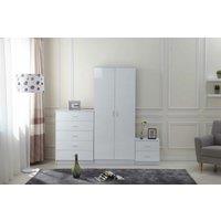 3 Piece High Gloss Bedroom Furniture Set - White, Modern Wardrobe, Chest & Nightstand