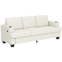 Cream White 3-Seater Fabric Sofa with USB Ports & Cup Holders - Modern Steel Frame