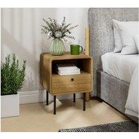 Oak Bedside Table with Drawer & Open Shelf - Modern Bedroom Storage, Metal Legs