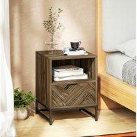Grey Bedside Table with Drawer & Shelf - Industrial Steel Legs - Compact Bedroom Storage