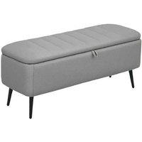 Linen-Look Storage Ottoman Bench, Light Grey, 92cm - Padded Seat & Steel Legs