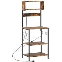 Industrial Baker's Rack with Power Outlets, USB, Hooks & Adjustable Shelves - Brown Metal Kitchen Storage Stand