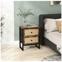 Rustic Brown Rattan Bedside Table - 2 Drawer Nightstand, Sturdy MDF & Steel, Bedroom Storage