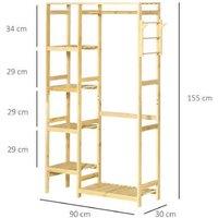 Bamboo Clothes Garment Rack with Shelf, Hanging Rail & Hooks - Natural, Space-Saving Wardrobe Organiser