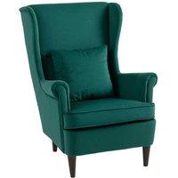 Green Velvet Wingback Armchair with Pillow - High Back, Solid Wood Legs, Ergonomic Lounge Chair
