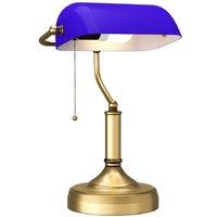 Banker's Table Lamp - Classic Blue Glass Shade, Antique Bronze Finish, E27 Bulb