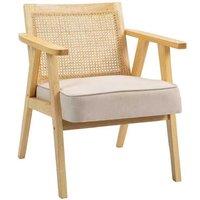 Bohemian Rattan Armchair - Natural Fabric Seat, Solid Wood Frame, Lounge Accent Chair