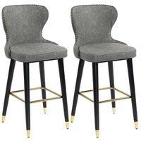 PU Leather Bar Stools Set of 2 - Grey, Gold-Accented Wood Legs, Modern Breakfast Chairs