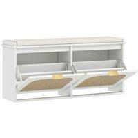 Boho Shoe Storage Bench with Padded Seat, 2 Flip-Drawers, Wood & Rattan - Space-Saving Entryway Solution