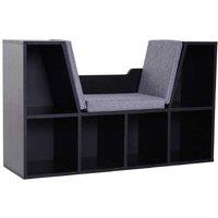 Wood Storage Bookcase Seat with Linen Cushion - 6-Cubby, Black/Grey, Modern Organiser