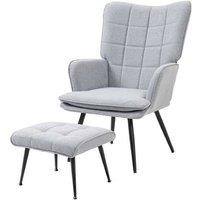Linen Fabric Armchair with Footstool - Light Grey, Modern Ergonomic Accent Chair, 130kg Capacity