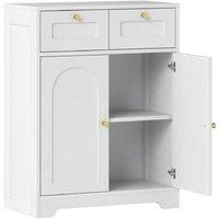 White Wood Bathroom Floor Cabinet with 2 Drawers - Adjustable Shelves, Classic Storage Unit
