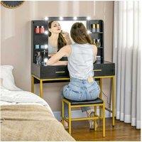 Black Vanity Table Set with Lighted Mirror, Upholstered Stool & Storage Drawers - Contemporary Bedroom Furniture