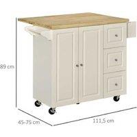 White Wood Drop Leaf Kitchen Island Trolley with Cabinet & Drawers - Mobile Storage Cart