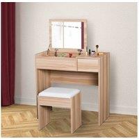Wood Grain Dressing Table with Mirror & Stool - Modern 2-in-1 Vanity Desk, White Particle Wood