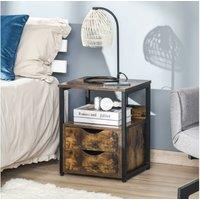 Rustic Brown Industrial-Style Bedside Table with Drawer & Open Shelf - Solid Particle Board, Metal Frame