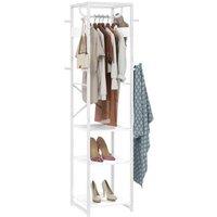 White Wood Grain Clothes Rail with Shelf & Hooks - Modular Garment Storage, Industrial Steel Frame