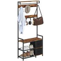Rustic Brown Coat Rack Bench with Shoe Storage & Modular Drawers - Wood & Steel Entryway Organiser