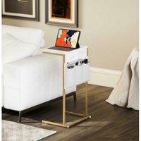 C-Shaped Marble-Effect Side Table with Charging Station - Steel Frame, Compact Design, Bedroom Furniture