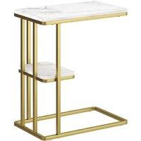 Slim C-Shaped 2-Tier End Table - White Marble Effect, Space-Saving Living Room Side Table