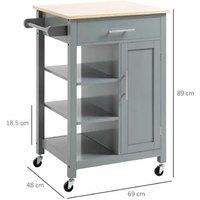 Grey Wood Kitchen Storage Trolley with Drawer & Adjustable Shelf - Mobile Cart