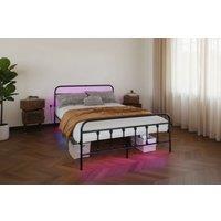 LED Double Bed Frame with Charging Ports - Black Metal, RGB Lighting, Storage, Modern Style