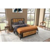 Double Retro-Look Metal Bed Frame with Wood-Effect Panels - Industrial Style, Steel Construction
