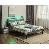 Double Steel Bed Frame with LED Lighting, Headboard Shelf & Charging Ports - Grey, Modern Bedroom Furniture
