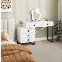 White LED Vanity Desk with Leaf Mirror, 5 Storage Drawers, Fluted Panels - Modern Bedroom Dressing Table