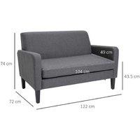 Linen 2-Seater Sofa with Cushions - Compact Modern Charcoal, Grey Wood Legs