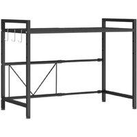 Expandable Microwave Oven Rack - Sleek Black, Adjustable Kitchen Organiser with Hooks