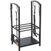 Metal Firewood Storage Rack with Hooks & Tool Set - Black, 2-Tier, 100kg Capacity