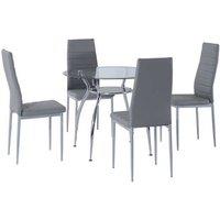 5-Piece Grey Glass & Steel Dining Table Set with Cushioned Chairs - Contemporary 4-Seater