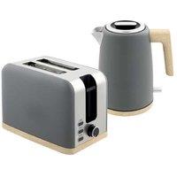 Sleek Grey Kettle & 2 Slice Toaster Set - Rapid Boil, 1.7L, 7 Browning Levels, Modern Wood Effect