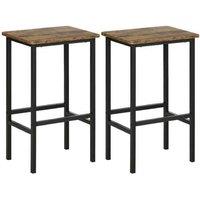 Set of 2 Industrial Bar Stools - Rustic Brown Wood-Effect, Metal Frame, 65cm Tall