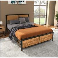 Industrial Double Bed Frame - 5FT Steel & Wood-Effect, Space-Saving, Rustic Brown