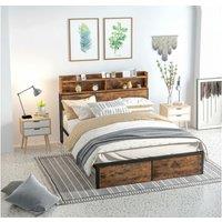 King Size Metal Bed Frame with Storage Headboard - Industrial Rustic Brown, Steel Construction, 5.2FT