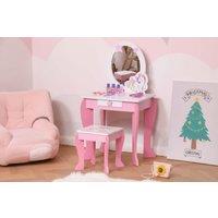 Girls Unicorn Dressing Table & Stool Set - Pink/White MDF, Rounded Edges, Child-Safe Mirror