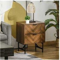 Walnut Herringbone Modular Side Cabinet - 2-Drawer Bedroom Storage, Steel Base