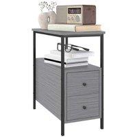 Narrow Grey Wood Grain Side Table with Storage Drawers - Industrial Living Room Furniture