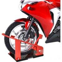 Heavy-Duty Steel Freestanding Motorcycle Wheel Chock - Red, 450kg Capacity, Adjustable Fit