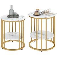 Set of Two Marble-Effect Round Coffee Tables - Contemporary Gold Steel Frame, Space-Saving Living Room Accent