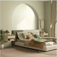 Set of Two Rattan Panel Floating Bedside Tables - Wood-Effect, Wall-Mounted, Storage Drawer, Scandi Style