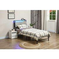 Single Steel Bed Frame with LED Lighting & Storage Shelf - Grey, Modern Space-Saving