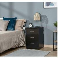 Black Wood-Effect 3-Drawer Bedside Table - Particle Board, Modern Storage Nightstand