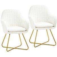 Set of 2 Sherpa Fleece Dining Chairs - Cream, Plush Upholstered Accent Armchairs, Modern Steel Legs