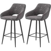 Set of 2 Grey Velvet Bar Stools with Back & Armrests - Plush Tub Seat, Metal Base