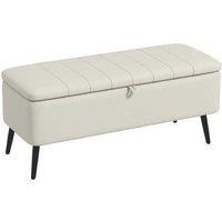 Linen Fabric Storage Ottoman Bench with Flip Top - Cream White, Steel Legs, 92cm Hidden Compartment
