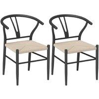 Set of 2 Mid-Century Wishbone Dining Chairs - Handwoven Paper Rope Seat, Black/Beige, 120kg Capacity