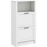 Slim White Shoe Cabinet with 2 Flip Drawers & Open Shelf - MDF, Space-Saving Hallway Storage